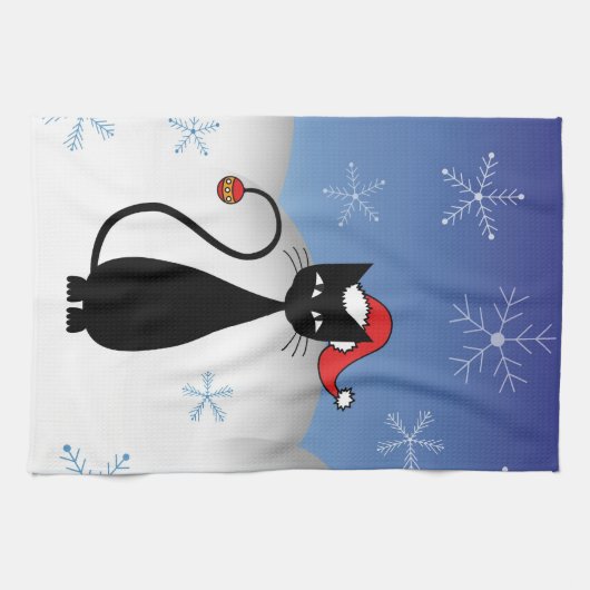 Weihnachtskatze mit Schneeflocken Geschirrtuch (Horizontal)