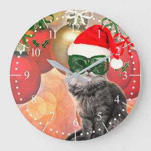 Weihnachtskatze mit Weihnachtsmann Hat Mode Große Wanduhr