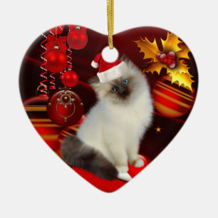 Weihnachtskatze mit Weihnachtsmannmütze als Schmuc Keramikornament
