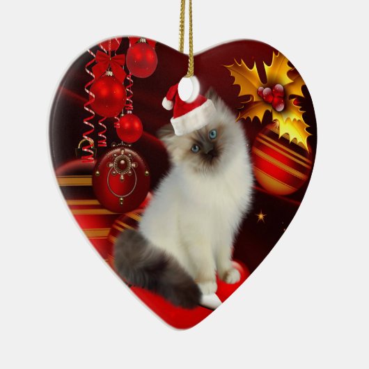 Weihnachtskatze mit Weihnachtsmannmütze Keramikornament (Rechts)