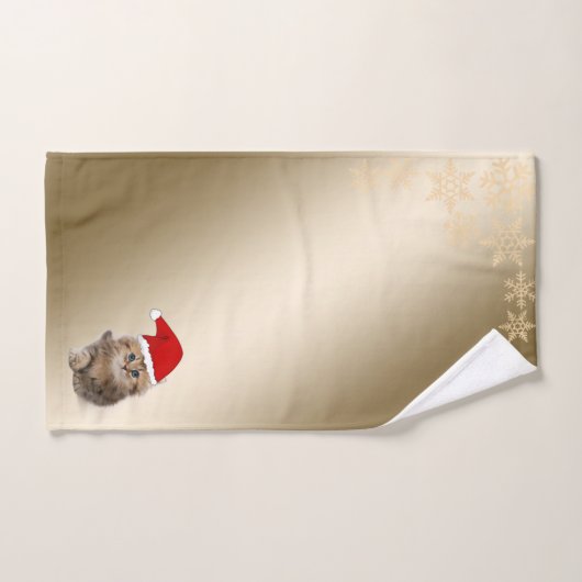 Weihnachtskatze mit Weihnachtsmannmütze, Schneeflo Badhandtuch Set (Handtuch)