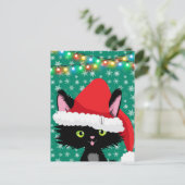 Weihnachtskatze mit Weihnachtsmannmütze Schneefloc Postkarte (Stehend Vorderseite)