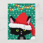 Weihnachtskatze mit Weihnachtsmannmütze Schneefloc Postkarte (Vorderseite)