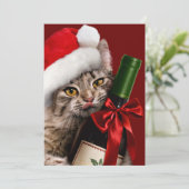Weihnachtskatze mit Weinflasche Einladung (Stehend Vorderseite)
