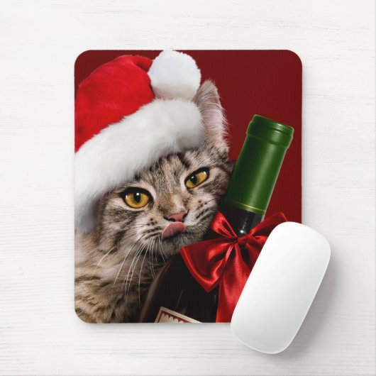 Weihnachtskatze mit Weinflasche Mousepad (Mit Mouse)