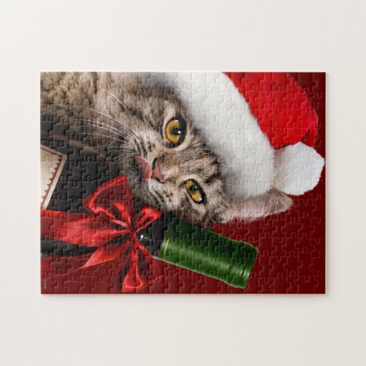 Weihnachtskatze mit Weinflasche Puzzle (Horizontal)