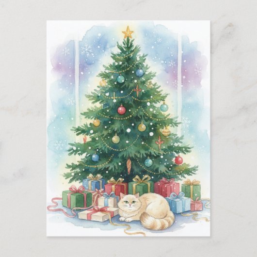 Weihnachtskatze Postkarte Gemütliche Wasserfarben  (Vorderseite)