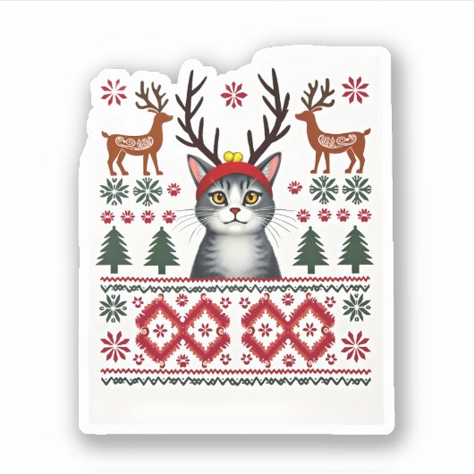 Weihnachtskatze Reindeer Ugly Christmas Sweater T- Aufkleber (Vorderseite)