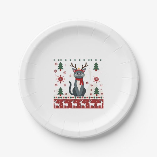 Weihnachtskatze Reindeer Ugly Christmas Sweater T- Pappteller (Vorderseite)