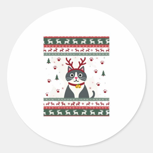 Weihnachtskatze Reindeer Ugly Christmas Sweater T- Runder Aufkleber (Vorderseite)