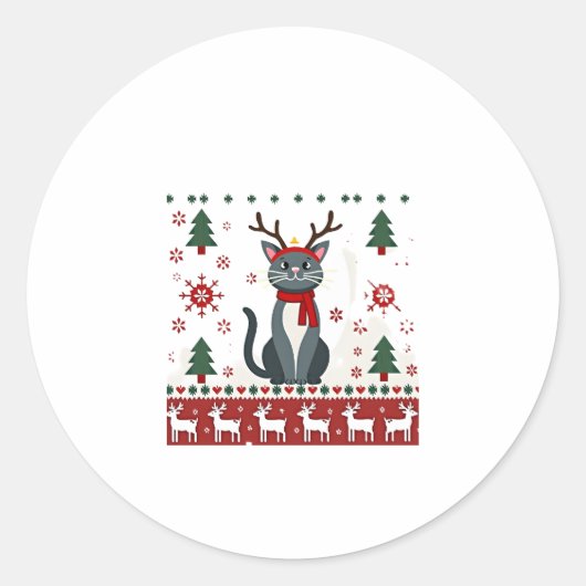 Weihnachtskatze Reindeer Ugly Christmas Sweater T- Runder Aufkleber (Vorderseite)