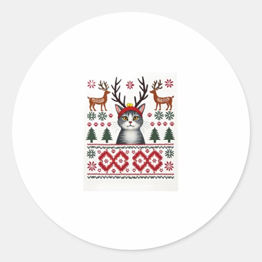Weihnachtskatze Reindeer Ugly Christmas Sweater T- Runder Aufkleber (Vorderseite)