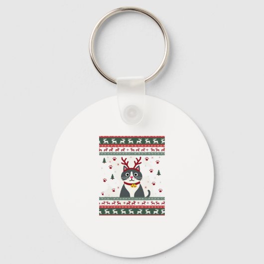 Weihnachtskatze Reindeer Ugly Christmas Sweater T- Schlüsselanhänger (Vorderseite)
