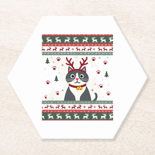 Weihnachtskatze Reindeer Ugly Christmas Sweater T- Untersetzer (Vorderseite)