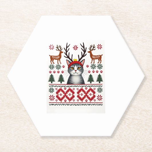 Weihnachtskatze Reindeer Ugly Christmas Sweater T- Untersetzer (Vorderseite)