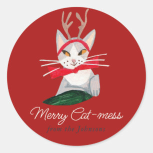 Weihnachtskatze Rentier Feiertag Rot Runder Aufkleber