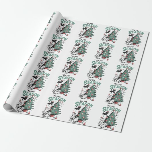 Weihnachtskatze Retro Dies ist die Jahreszeit Meow Geschenkpapier (Ungerollt)