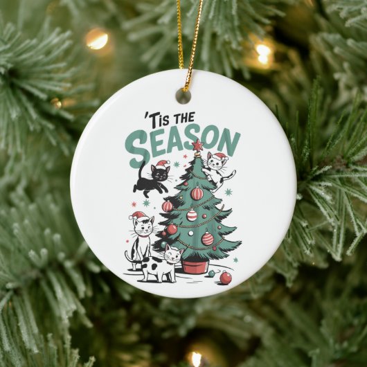 Weihnachtskatze Retro Dies ist die Jahreszeit Meow Keramik Ornament (Baum)