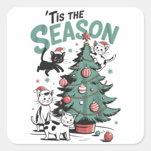 Weihnachtskatze Retro Dies ist die Jahreszeit Meow Quadratischer Aufkleber