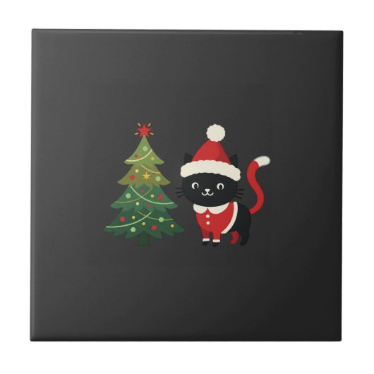 Weihnachtskatze Santa Baum Vektor Fliese (Vorderseite)