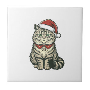 Weihnachtskatze Santa Hut Vintage Gravur Design_1 Fliese