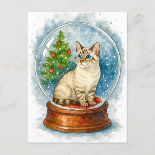 Weihnachtskatze Schneekugel Postkarte (Vorderseite)