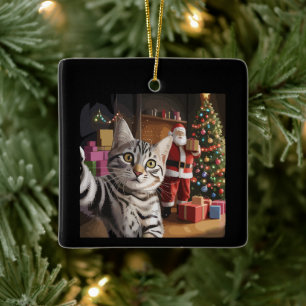 Weihnachtskatze Selfie mit dem Weihnachtsmann Süße Keramikornament