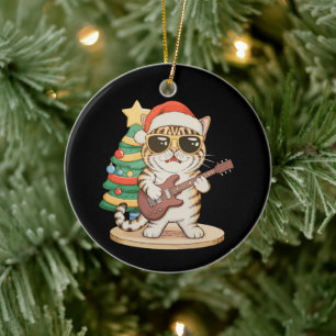 Weihnachtskatze spielt Gitarre Rock Jazz Xmas Hut Keramik Ornament