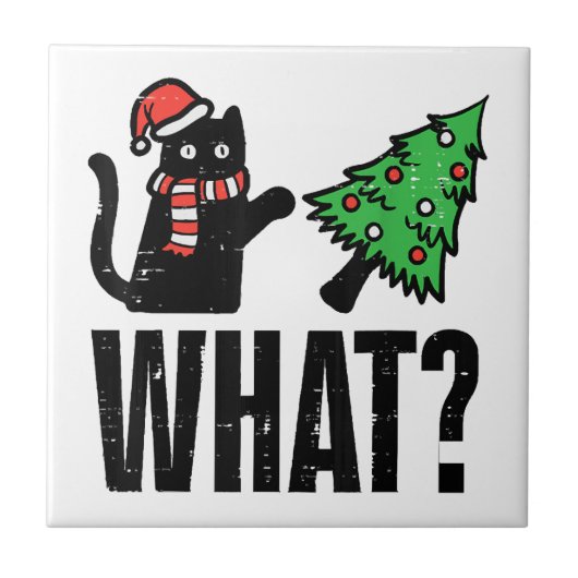 Weihnachtskatze Tipping Xmas Tree Funny Fliese (Vorderseite)