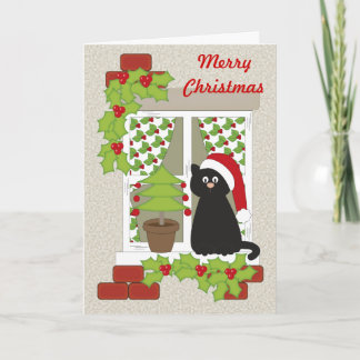 Weihnachtskatze und -fenster feiertagskarte