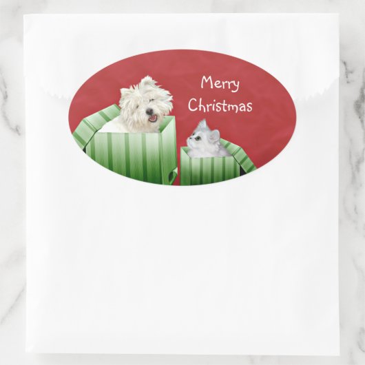 Weihnachtskatze und Hund Ovaler Aufkleber (Tasche)