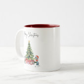 Weihnachtskatze und Hunde-Tasse Zweifarbige Tasse (Vorderseite Links)