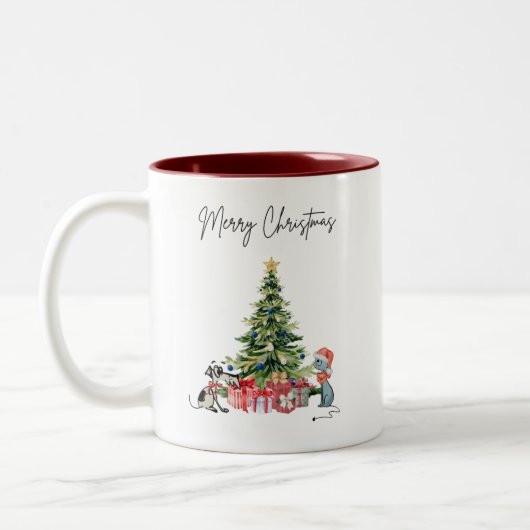 Weihnachtskatze und Hunde-Tasse Zweifarbige Tasse (Links)
