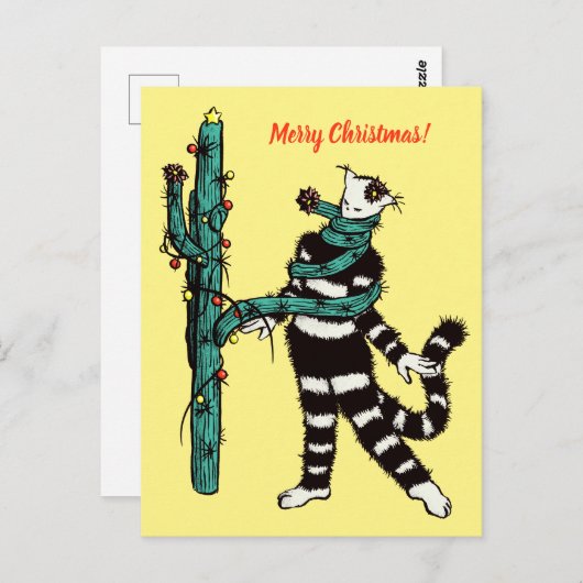 Weihnachtskatze und Kaktus komische WeihnachtsWeih Postkarte (Vorne/Hinten)