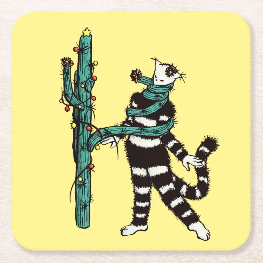 Weihnachtskatze und Kaktus komische WeihnachtsWeih Rechteckiger Pappuntersetzer (Vorderseite)