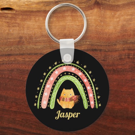 Weihnachtskatze und Regenbogen Personalisierter Sc Schlüsselanhänger (Vorderseite)