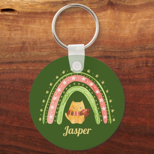 Weihnachtskatze und Regenbogen Personalisierter Sc Schlüsselanhänger (Vorderseite)
