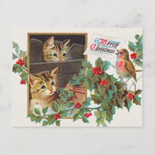 Weihnachtskatze und Stechpalmenbeere im Vintage-St Postkarte