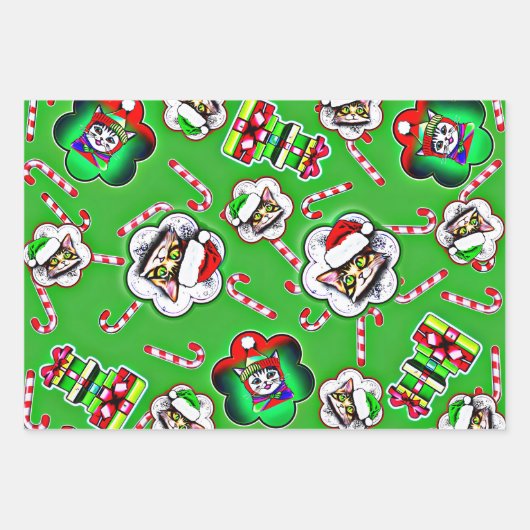 Weihnachtskatze - Weihnachtsmannmütze Katze Geschenkpapier Set (Vorderseite 2)