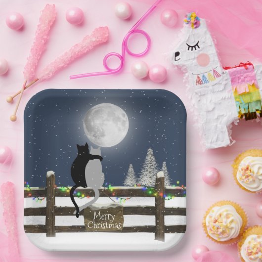 Weihnachtskatzen auf dem Zaun mit dem Mond Pappteller (Party)