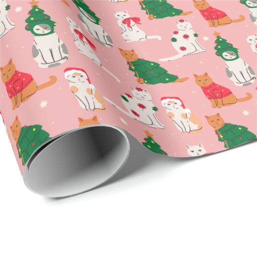 Weihnachtskatzen in festem Muster Geschenkpapier (Rolleneckpunkt)
