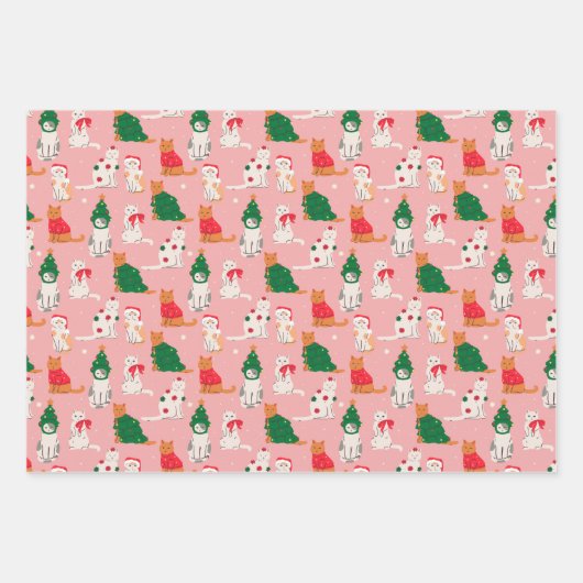 Weihnachtskatzen in festem Muster Geschenkpapier Set (Vorderseite 3)