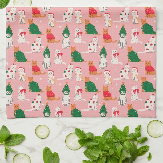 Weihnachtskatzen in festem Muster Geschirrtuch (Gefaltet)