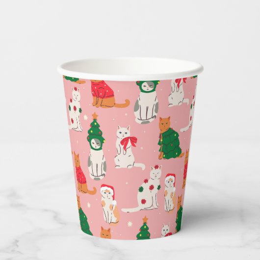 Weihnachtskatzen in festem Muster Pappbecher (Rückseite)