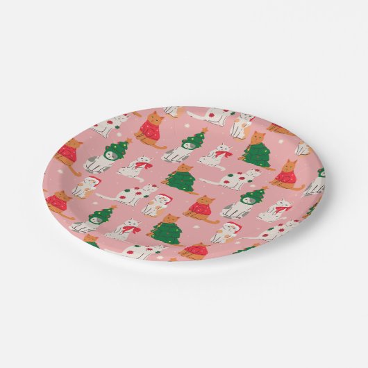 Weihnachtskatzen in festem Muster Pappteller (Schrägansicht)