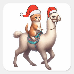 Weihnachtskatzen - Llama, Xmas Llama und Kitten Quadratischer Aufkleber