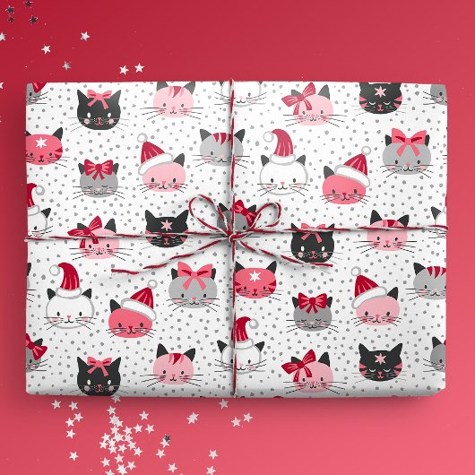 Weihnachtskatzen mit Weihnachtsmannmützen Geschenkpapier