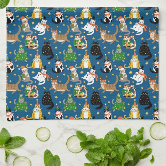 Weihnachtskatzen Muster Geschirrtuch (Gefaltet)