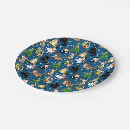 Weihnachtskatzen Muster Pappteller (Schrägansicht)