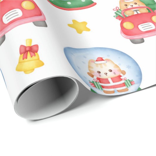 Weihnachtskatzen Schneeflocken auf Weiß Geschenkpapier (Rolleneckpunkt)